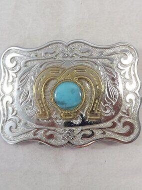 Silver-Tone Western Horseshoe Belt Buckle with Turquoise Accent